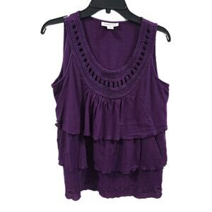Coldwater Creek Purple Cotton Ruffle Tank Top with Crochet Neckline Boho Size M